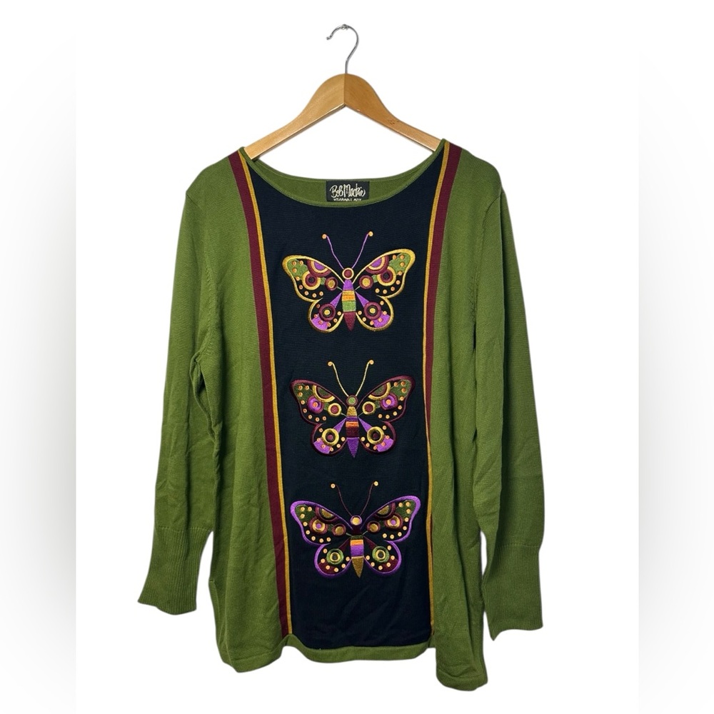 Bob Mackie Wearable Art Butterfly Embroidered Long Sleeve Tunic Green Size XL - Picture 1 of 4